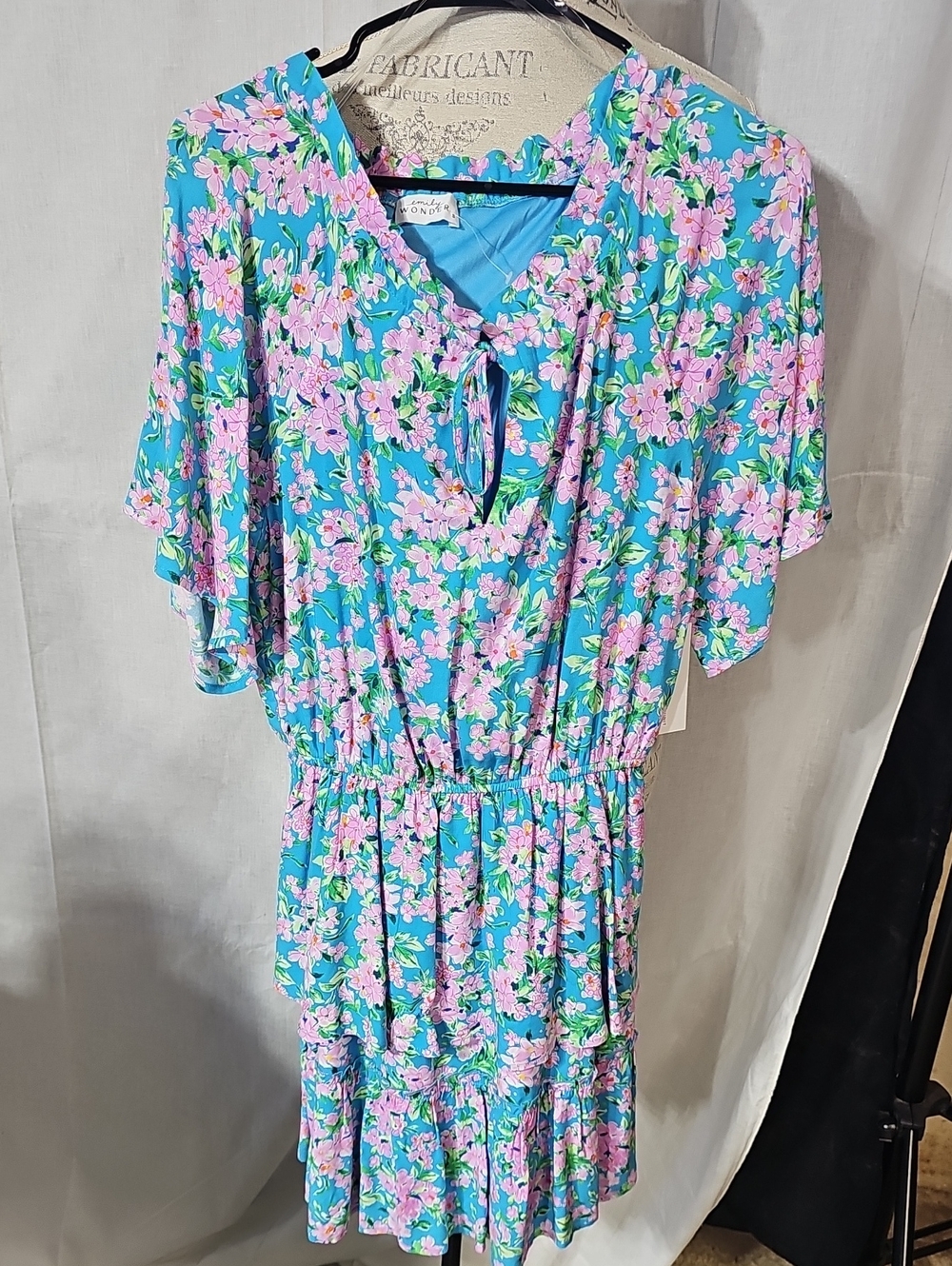Floral Tie-Neck Mini Dress in Blue & Pink